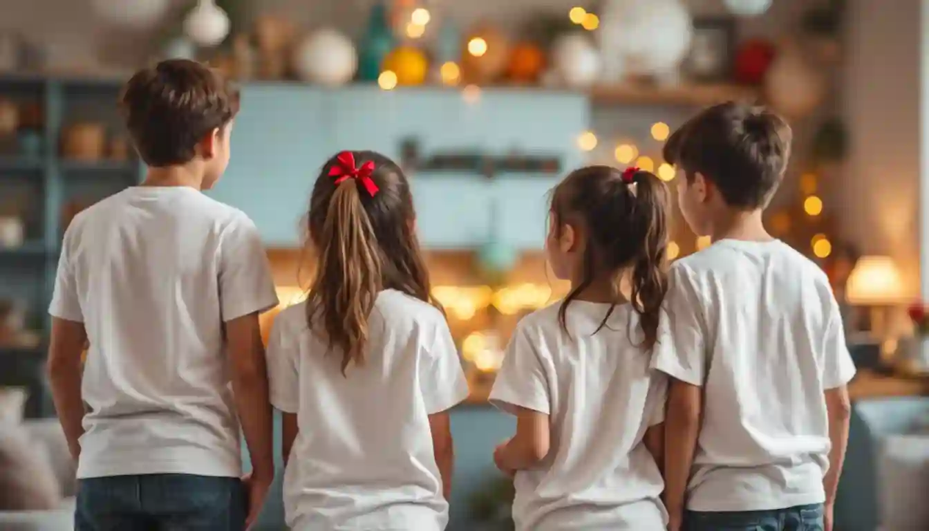 Family members wearing matching QR code shirts