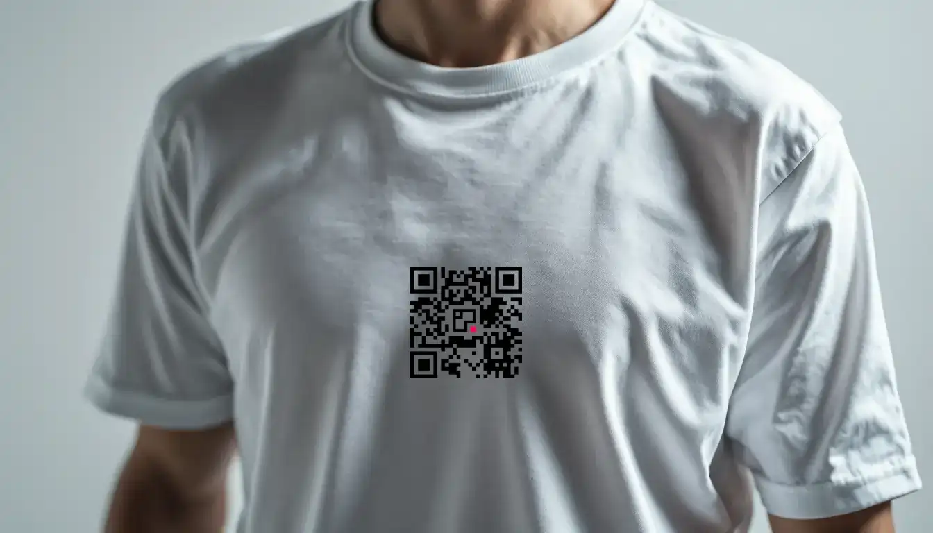 Person wearing QRKUT embroidered QR code t-shirt at a social gathering